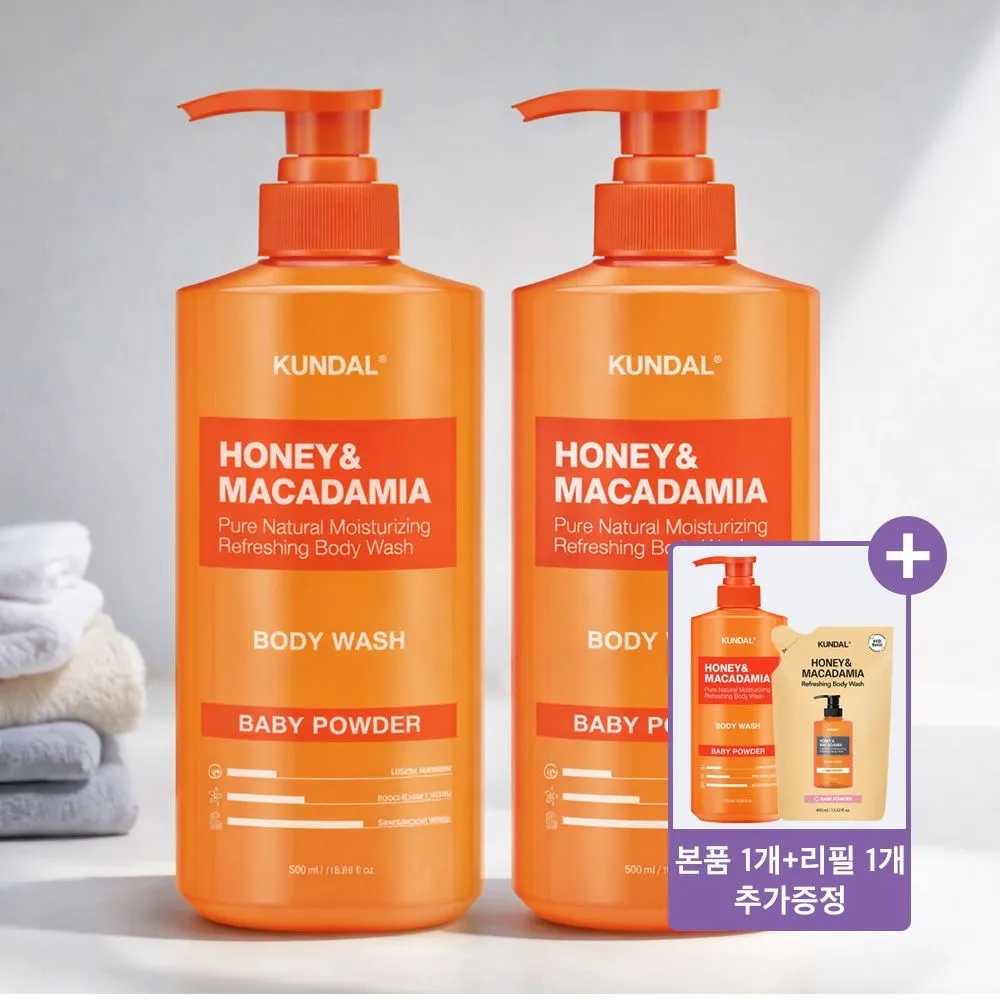 [쿤달][2+1][본품+리필추가증정] 쿤달 허니 앤 마카다미아 퓨어 바디워시 500ml x2개(향 14종 택 1)
