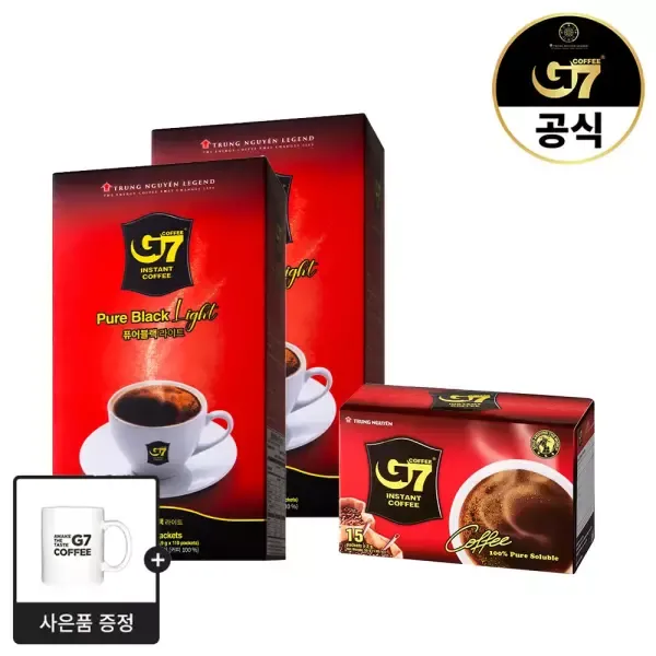 G7 퓨어블랙 라이트 110개입 x 2개 + 퓨어블랙 15개입 + 머그컵 세트 / 베트남 다크 아메리카노
