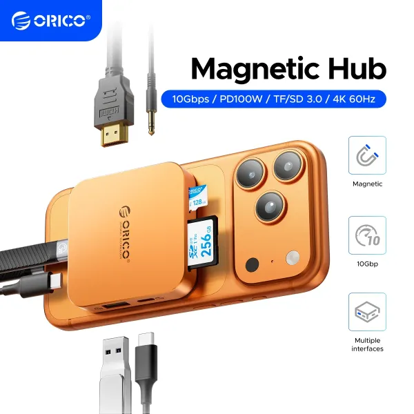 ORICO 마그네틱 M.2 2230 NVMe SSD 인클로저 10Gbps USB C 도킹 스테이션 (4K60HZ HDMI-COM SD/TF PD 100W 충전기 포함, 아이폰 17용)