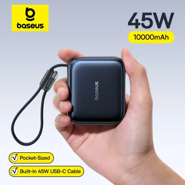 베이스스 45W 미니 보조 배터리, 10000mAh 용량, 내장 USB-C 케이블, 휴대하기 편리한 크기, 빠른 충전 속도, 아이폰 18, 17, 삼성 S26에 적합.