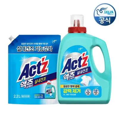 [액츠][APP전용]초특가 액츠 세탁세제 퍼펙트 실내건조(일반/드럼겸용) 3L 용기 x 1개+2.2L 리필 x 1개