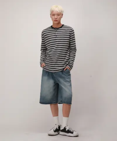 [디벨로브] (DEVELOVE) 스트라이프 헨리넥 롱슬리브_네이비