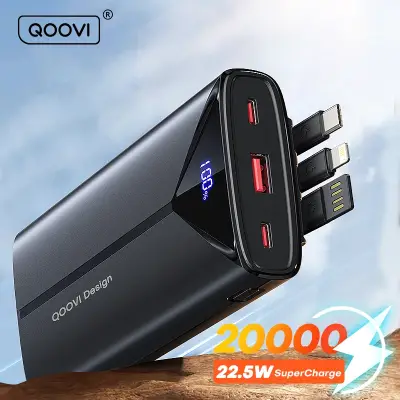 [QOOVI] 20000mah 보조베터리 22.5W 고속 충전 내장 케이블 iPhone 용 외부 대형 배터리 휴대용 충전기 Samsung Xiaomi