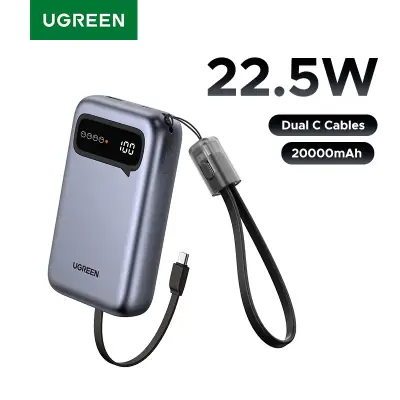 [UGREEN] 20000mAh 듀얼 타입 C 케이블 보조배터리, 아이폰 17 16 Pro Max PD 20W 고속 충전 휴대용 보조배터리