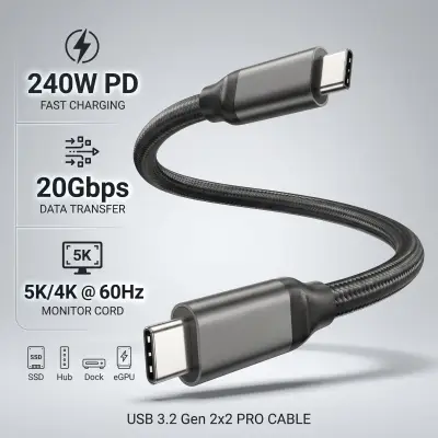 [USB] C 3.2 Gen 2x2 케이블 20Gbps 데이터 전송 4K@144Hz 모니터 케이블 240W PD 고속 충전 타입 C 3.1 케이블 SSD 허브 도크 EGPU용