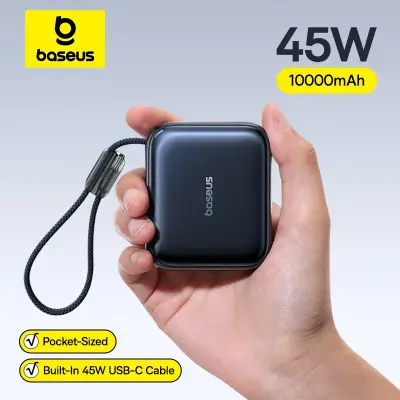[베이스어스] 베이스스 45W 미니 보조 배터리, 10000mAh 용량, 내장 USB-C 케이블, 휴대하기 편리한 크기, 빠른 충전 속도, 아이폰 18, 17, 삼성 S26에 적합.