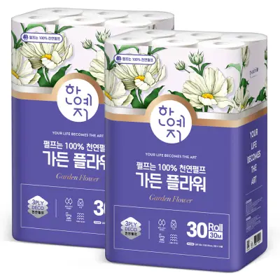 [한예지] 가든 플라워 3겹 천연펄프 화장지, 30m, 30롤, 2팩
