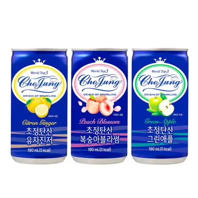[콤보팩] 초정 탄산수 그린애플+복숭아블라썸+유자진저 190ml X 각30캔 (총90캔)