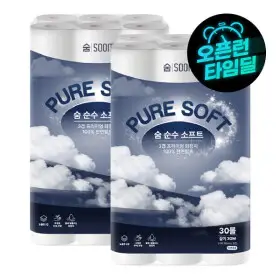숨 순수 소프트 3겹 30m 30롤 2팩 100% 천연펄프 무형광 화장지 대용량 구성 가정용 업소용 추천