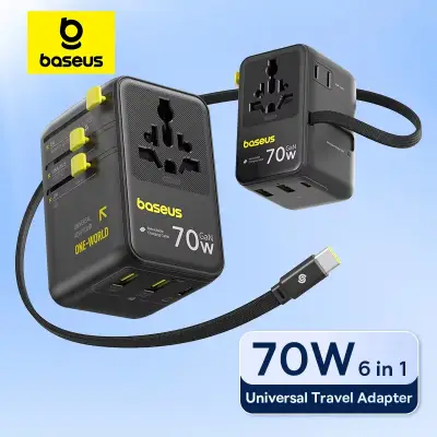 [Baseus] GaN 충전기 범용 여행용 어댑터 내장 70W 접이식 케이블 2AC 2 USB-A Type-C 고속 충전 EU/UK/USA/AUS